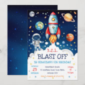Invitation Outer Space Rocket Ship Astronaut Galaxy Birthday  (Devant / Derrière)