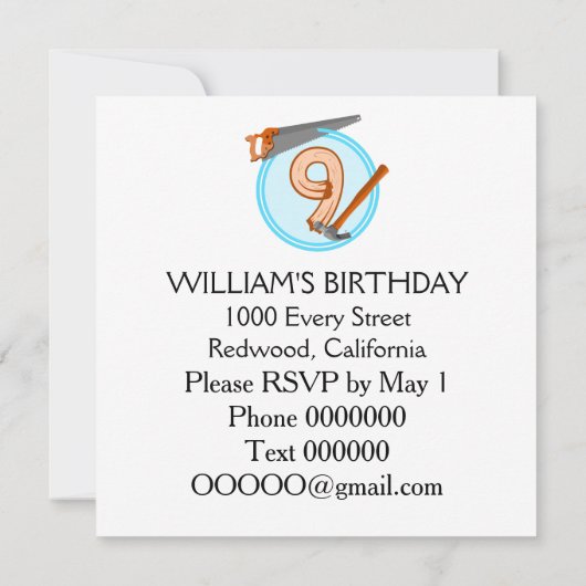 Invitation Outils de construction garçon de 9 ans conception  (Dos)