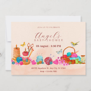 Invitation Outils de couture à l'aquarelle pêche art baby sho