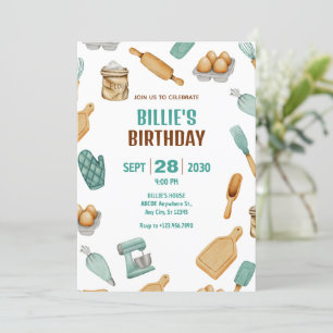 Invitation Outils de cuisson de boulanger vert motif annivers