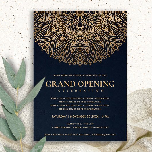 INVITATION OUVERTURE GRANDE NAVY GOLD CLASSIQUE MANDALA ORNÉ