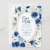 Invitation Oval Blue Floral Wedding Enregistrer la date (Devant)