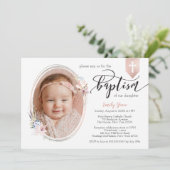 Invitation Oval Floral Photo Rose or Bannière Baptême Invitat (Debout devant)