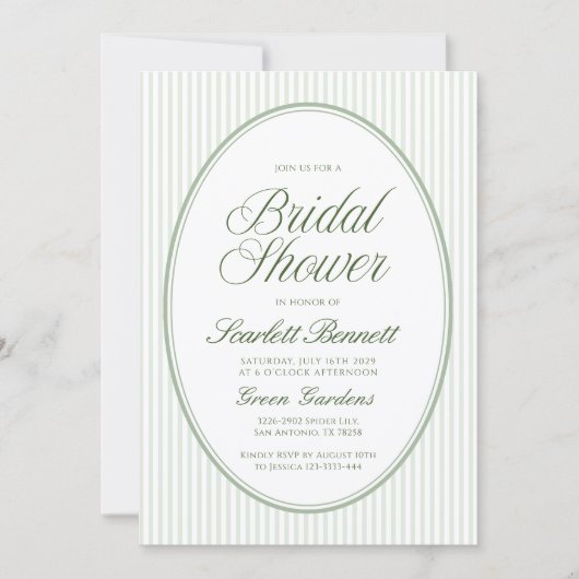 Invitation Ovale Mariage Bébé Shower Vert Sauge Rayé (Devant)