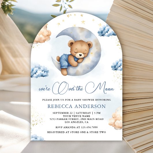 Invitation Over the Moon Sleeping Teddy Bear Blue Baby Shower