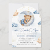 Invitation Over the Moon Sleeping Teddy Bear Blue Baby Shower (Devant)