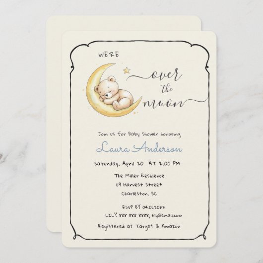 Invitation Over The Moon Teddy Bear Baby shower (Devant / Derrière)
