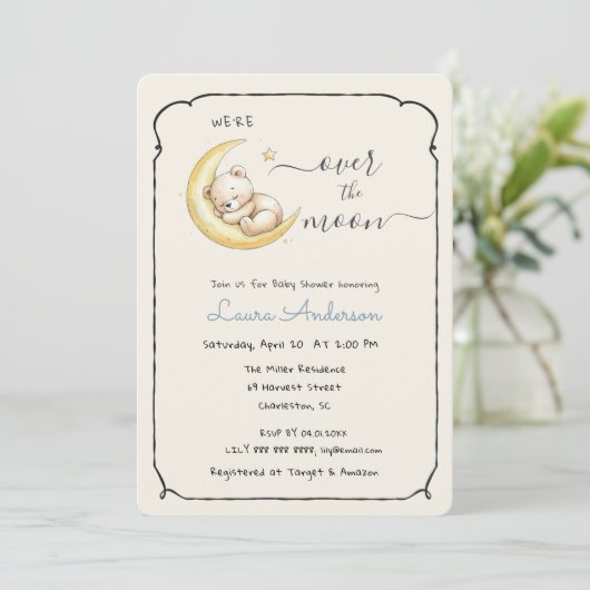 Invitation Over The Moon Teddy Bear Baby shower (Debout devant)
