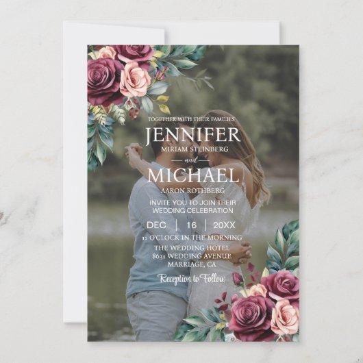 Invitation Overlay Portrait Photo QR Roses Mariage (Devant)