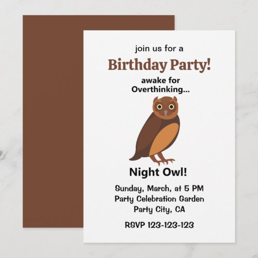 Invitation Overthinking Night Owl Funny Birthday Party (Devant / Derrière)