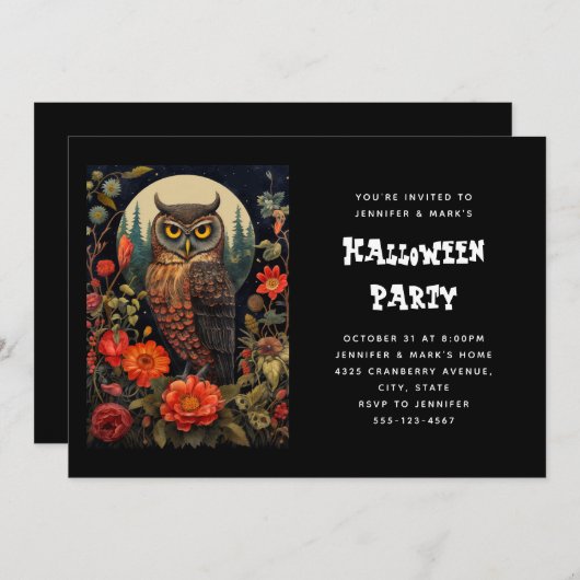 Invitation Owl at Night with a Full Moon Halloween (Devant / Derrière)