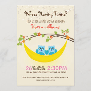 Invitation Owl Baby shower - Regardez qui a des jumeaux ?
