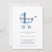 Invitation Oxford Check Buggy Boy Baby shower Party (Devant)