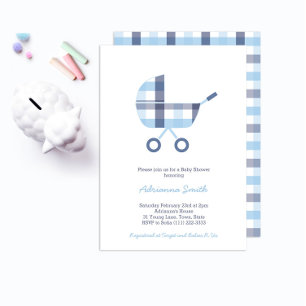 Invitation Oxford Check Buggy Boy Baby shower Party