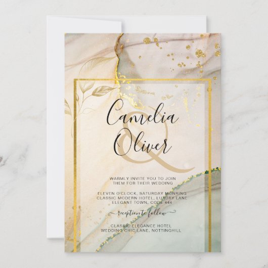 Invitation Oyster Pearl Gold MARIAGE Encre d'alcool Abstraite (Devant)