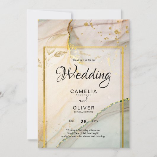 Invitation Oyster Pearl Gold MARIAGE Encre d'alcool Abstraite (Devant)