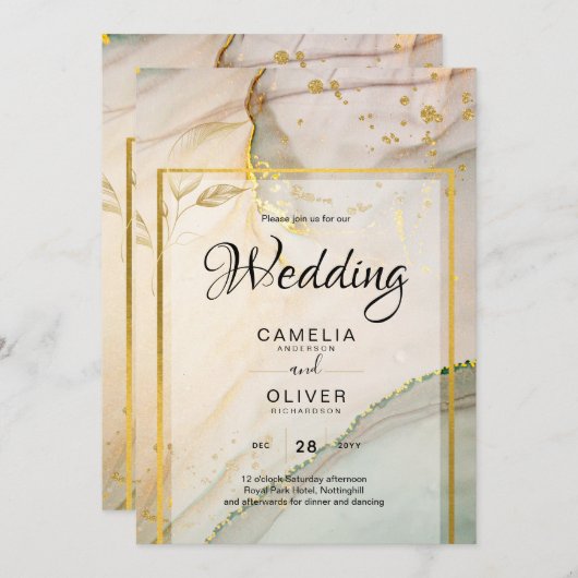 Invitation Oyster Pearl Gold MARIAGE Encre d'alcool Abstraite (Devant / Derrière)