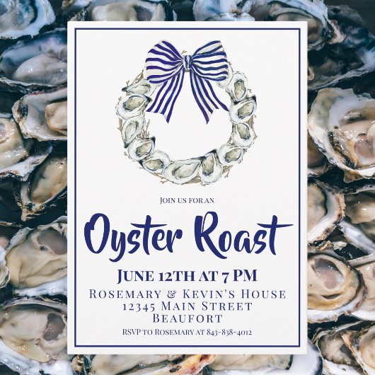 Invitation Oyster Wreath Blue Striped Ribbon Oyster Roast