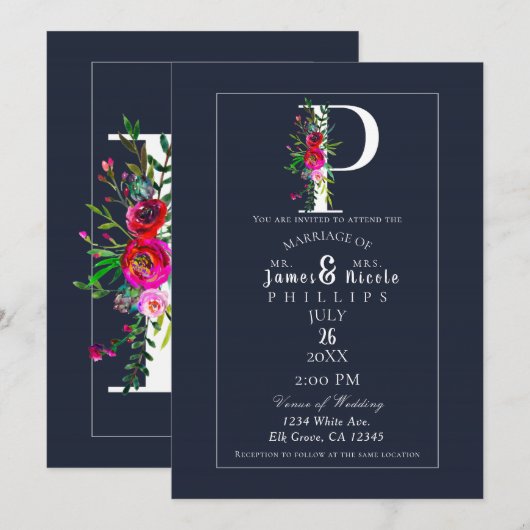 Invitation P Monogramme Dernière Initiale Moderne Bleu Floral (Devant / Derrière)