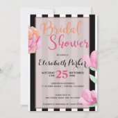 Invitation Pach rose floral noir blanc rayé nuptiale douche (Devant)