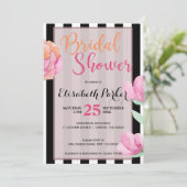 Invitation Pach rose floral noir blanc rayé nuptiale douche (Debout devant)