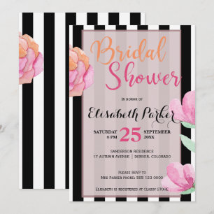 Invitation Pach rose floral noir blanc rayé nuptiale douche