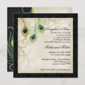 Invitation Pacock Feathers Black Damask Quinceanera Party (Devant / Derrière)