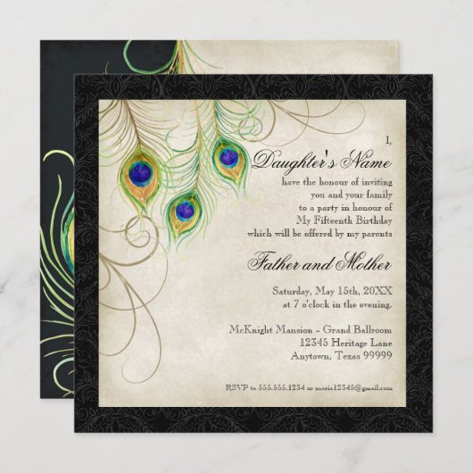 Invitation Pacock Feathers Black Damask Quinceanera Party (Devant / Derrière)