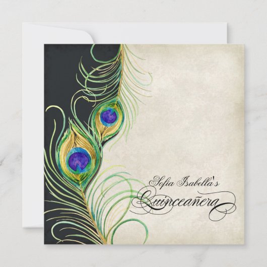 Invitation Pacock Feathers Black Damask Quinceanera Party (Dos)