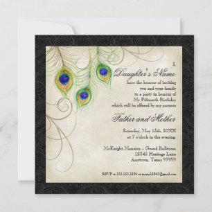Invitation Pacock Feathers Black Damask Quinceanera Party