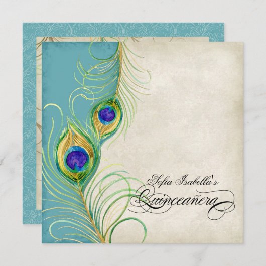 Invitation Pacock Feathers Black Damask Quinceanera Party (Devant / Derrière)
