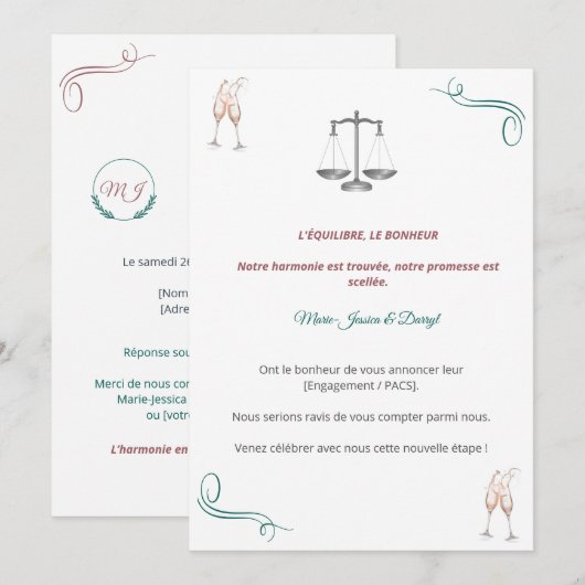 Invitation PACS ou Fiançailles Chic (Devant / Derrière)