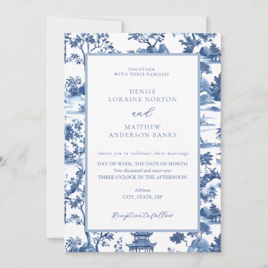 Invitation Pagode bleue et blanche Chinoiserie Toile Mariage (Devant)