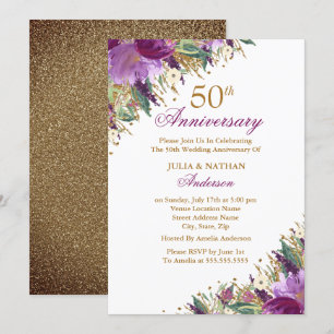 Invitation Pailleté Améthyste Fleur Violet 50e Anniversaire