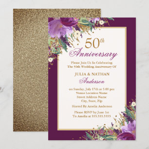 Invitation Pailleté Améthyste Violet Floral 50e Anniversaire