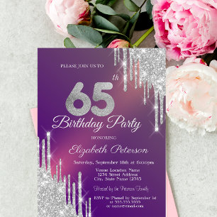 Invitation Pailleté Argent Chic Gouttes Violet 65e Anniversai