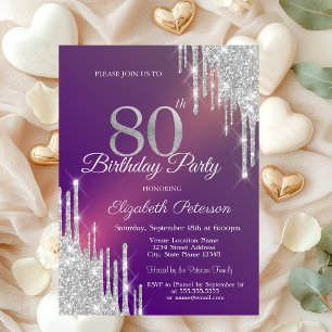Invitation Pailleté Argent Chic Gouttes Violet 80ème Annivers