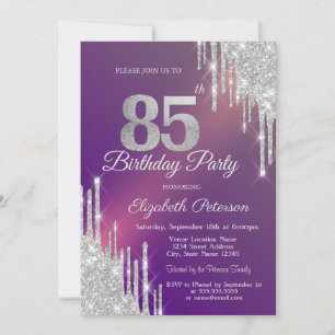 Invitation Pailleté Argent Chic Gouttes Violet 85e Anniversai