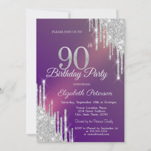 Invitation Pailleté Argent Chic Gouttes Violet 90ème Annivers