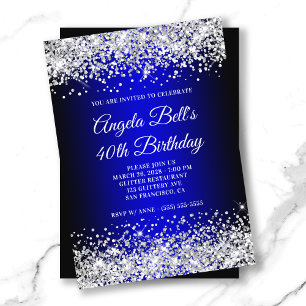 Invitation Pailleté Argent Dégradé Noir Bleu 40e Anniversaire