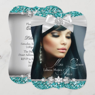 Invitation Pailleté Argent et Sarcelle Noeud Papillon Photo Q