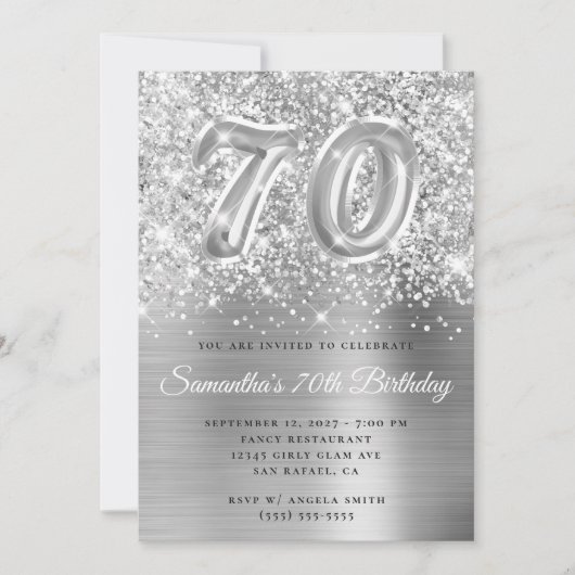 Invitation Pailleté Argent Glam Numéro 70e Anniversaire (Devant)