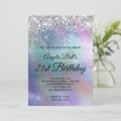 Invitation Pailleté Argent Glitter Iridescent Feuille Anniver (Debout devant)