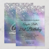 Invitation Pailleté Argent Glitter Iridescent Feuille Anniver (Devant / Derrière)