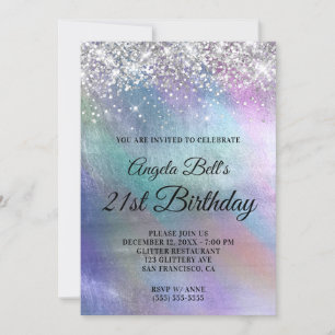 Invitation Pailleté Argent Glitter Iridescent Feuille Anniver