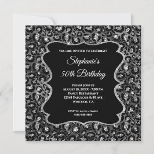 Invitation Pailleté Argent Noir Léopard Glam 50e Anniversaire