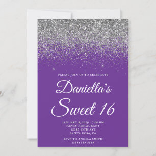 Invitation Pailleté Argent Paillettes Royal Violet Douce 16