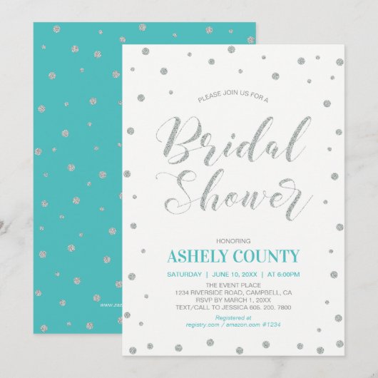 Invitation Pailleté Argent & Tiffany | Mariage Moderne (Devant / Derrière)