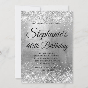 Invitation Pailleté Argenté Papier Aluminium Monogramme Fête