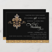 Invitation Pailleté aspect or faux noir formel Fleur de Lis (Devant / Derrière)